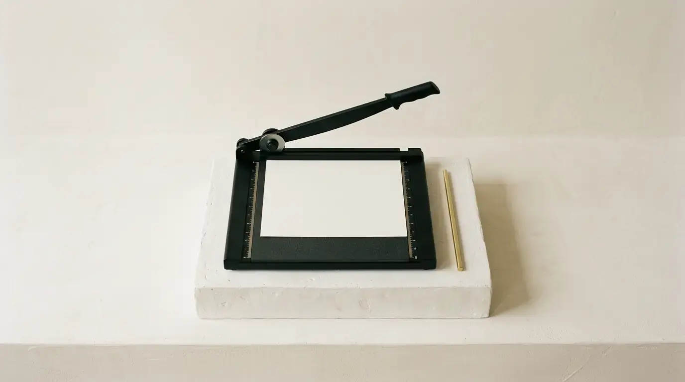 A black guillotine paper trimmer on a pale plinth, blade raised over an empty bed, brass rod beside
