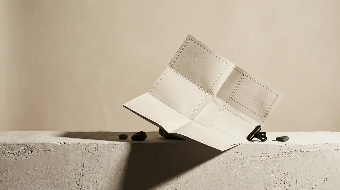 A folded instruction sheet opened out on a plaster ledge, its diagram panels blank