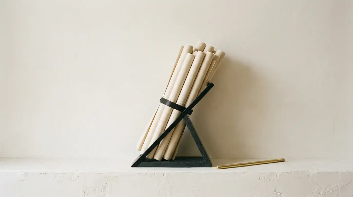 A bundle of pale rolled documents held upright in a black stand on a plaster ledge