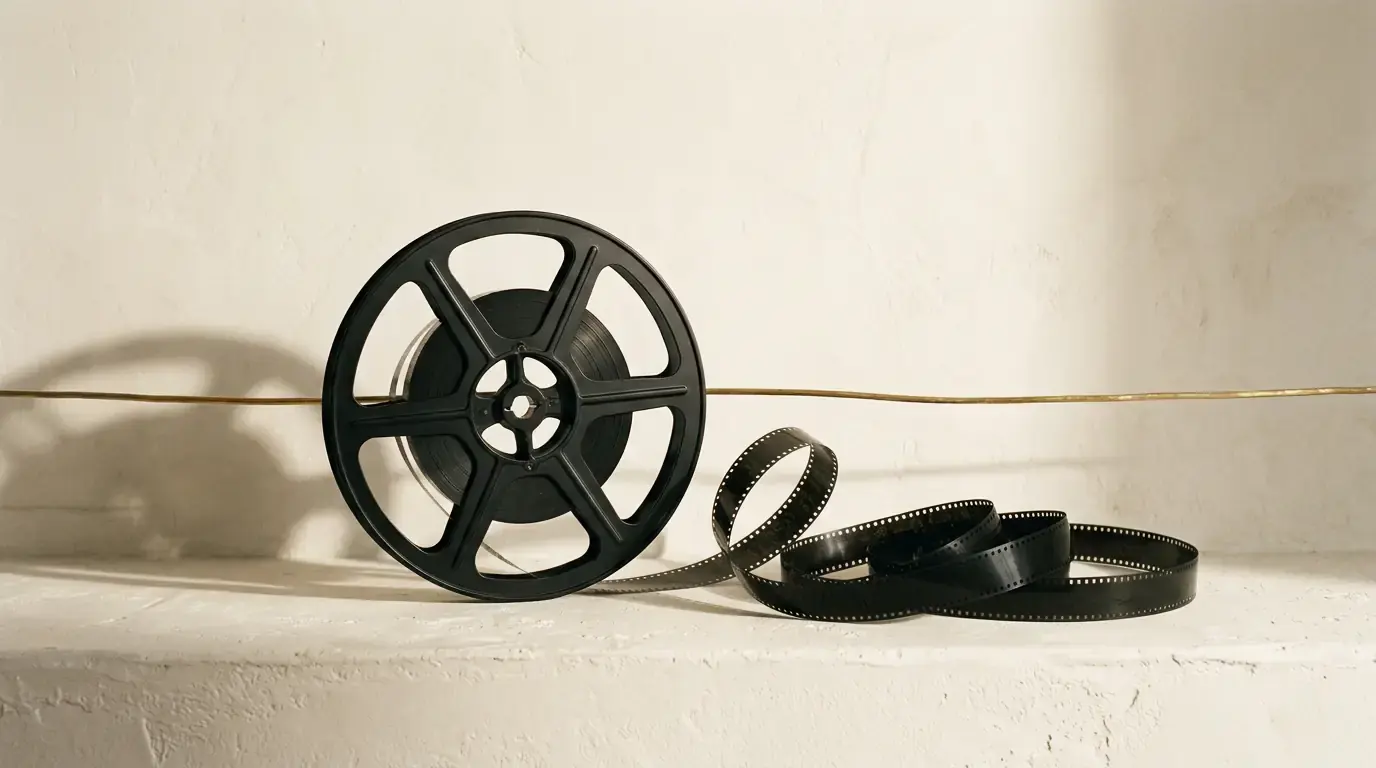 A black film reel standing on a plaster ledge with a loop of film unspooled beside it