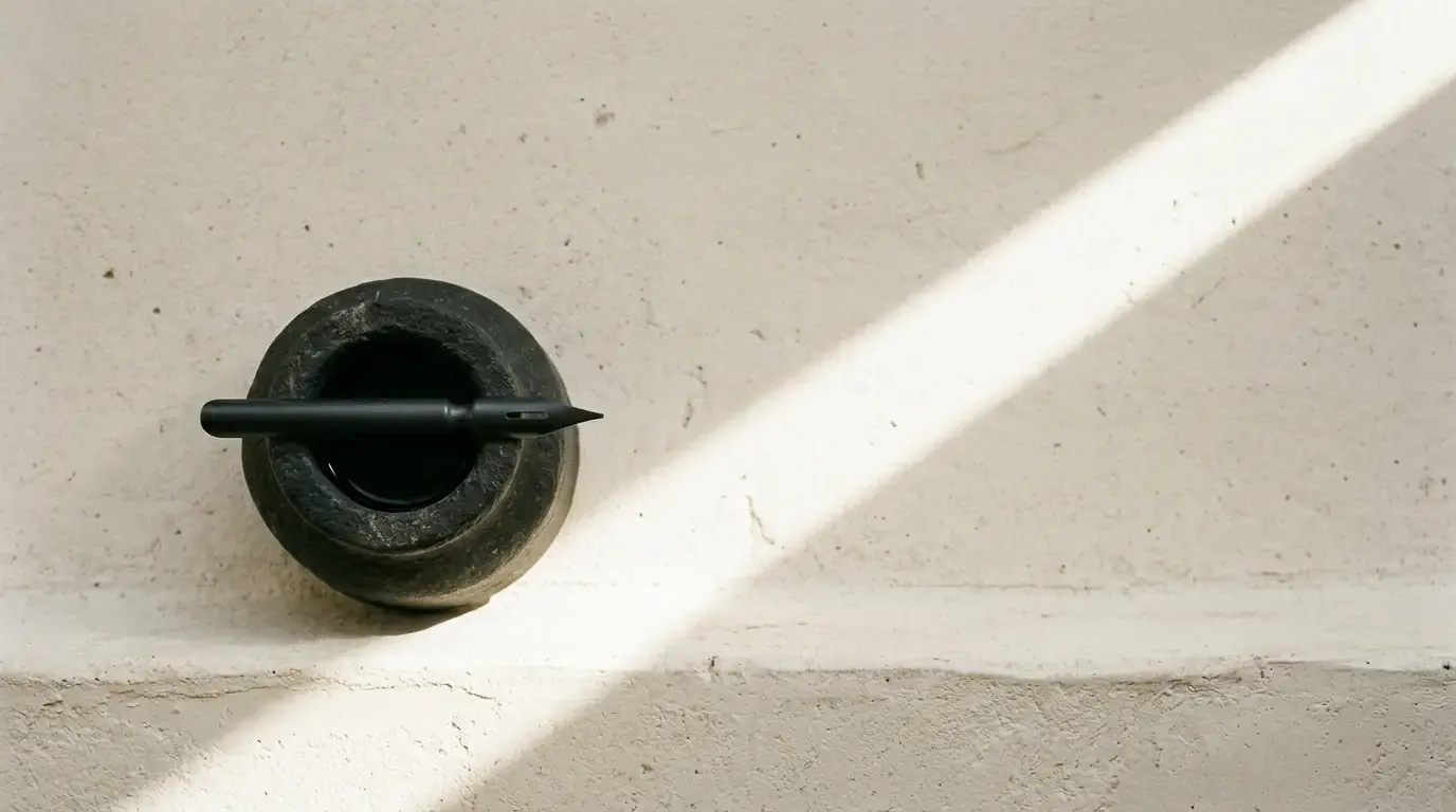 A black dip pen laid across the mouth of a dark stone inkwell, a band of sunlight beside it
