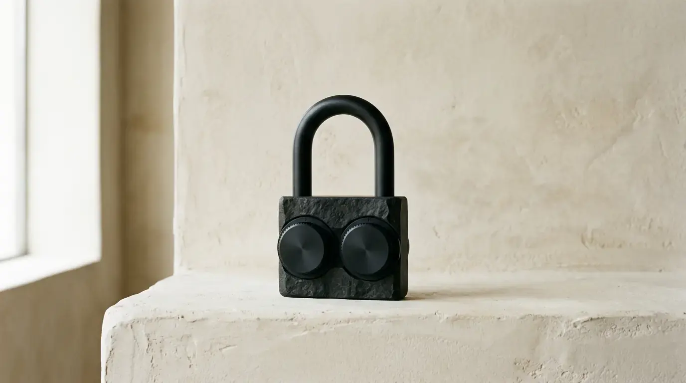 A black padlock with two round dials side by side on its face, on a chalk-white plaster ledge